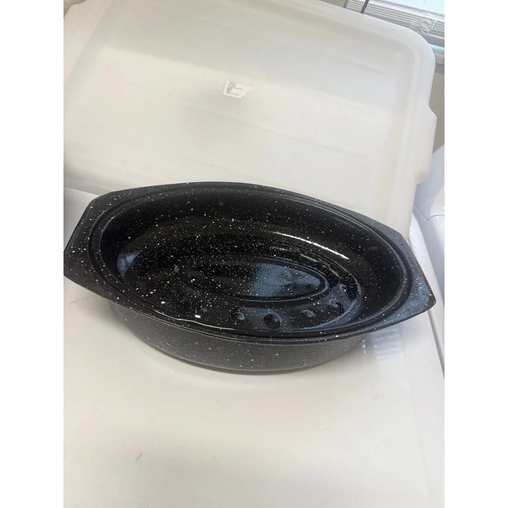 Granite Ware Black Speckled Enamel Oval Roasting Pan with Lid 12 Inch